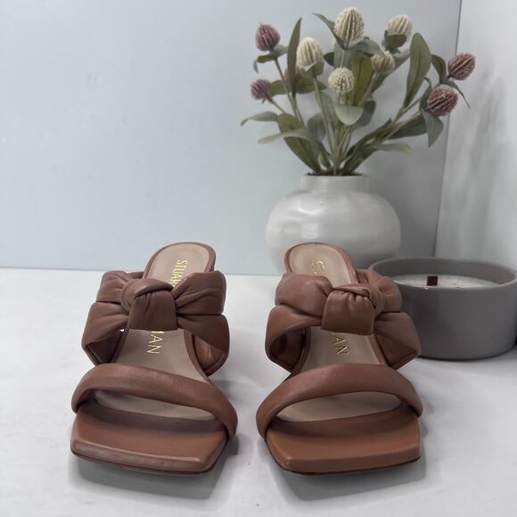Stuart Weitzman Playa 75 Knot Leather Block Sandals Tan Women's US 5.5B Tried On - Picture 4 of 10